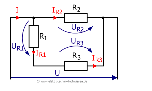 Schaltplan Gruppenschaltung aus 3 Widerständen: R1 und R3 in Reihe, beide parallel zu R2